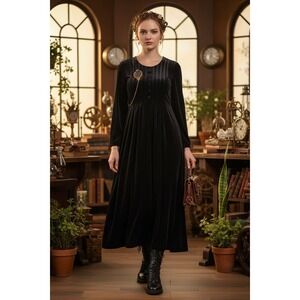 Whimsigoth steampunk Women's Black Velvet Maxi Dress M Vtg 90s L/S Formal ribbon